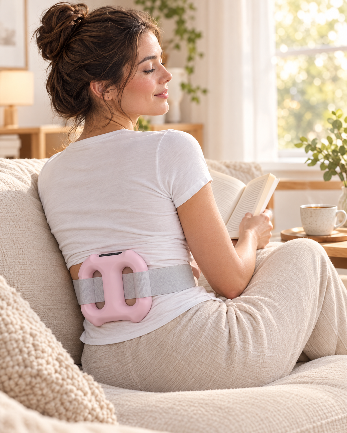 Woman relaxing on the couch wearing the Loopa Ring on her lower back