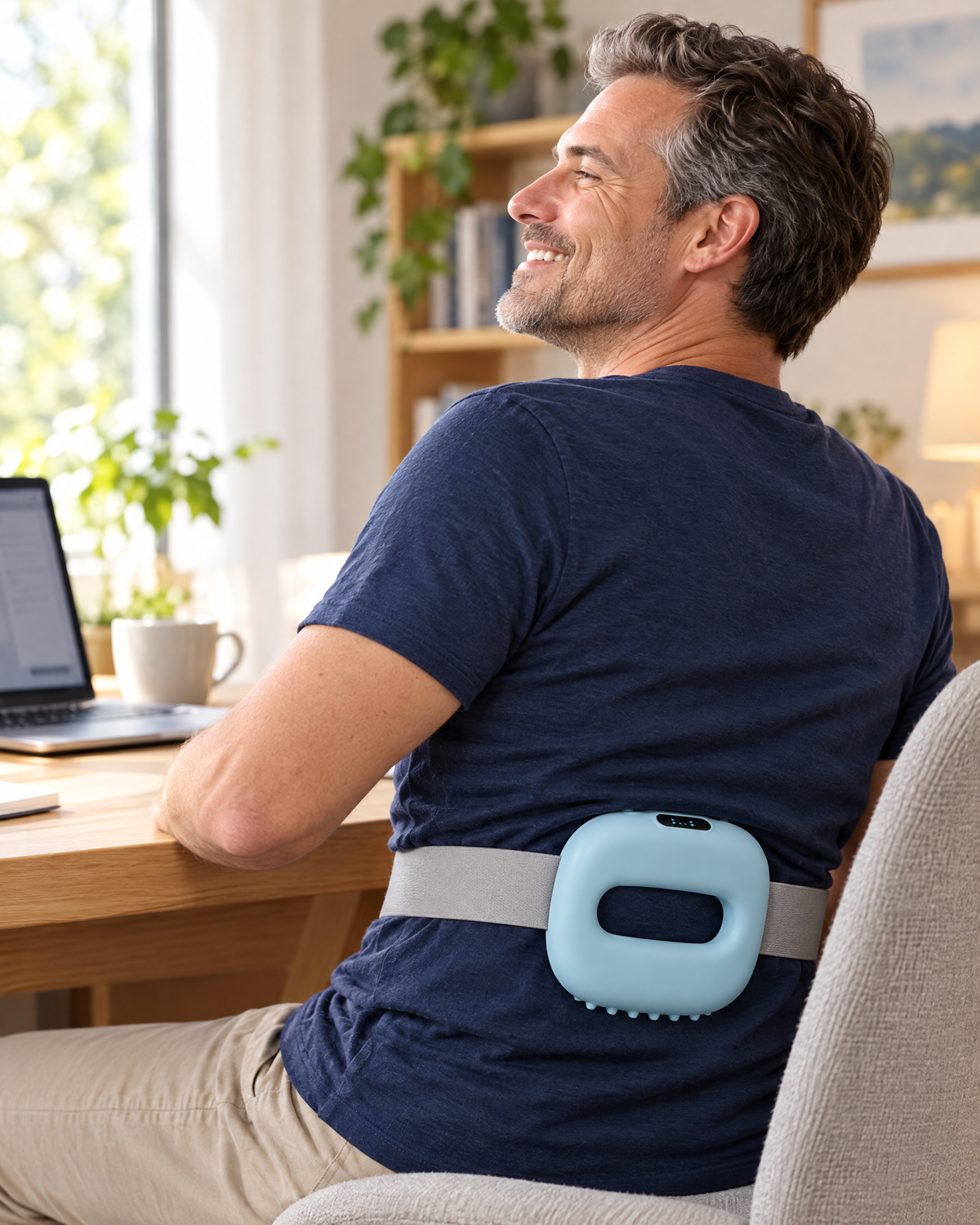 Man at his desk wearing the Loopa Ring in Sky